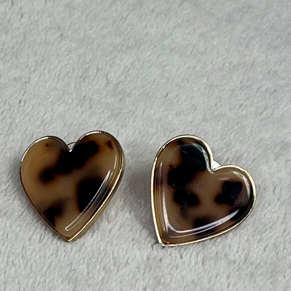 Sugarfix Animal Leopard Print Heart Earrings Brown Tan Gold Tone 1" - Picture 3 of 7